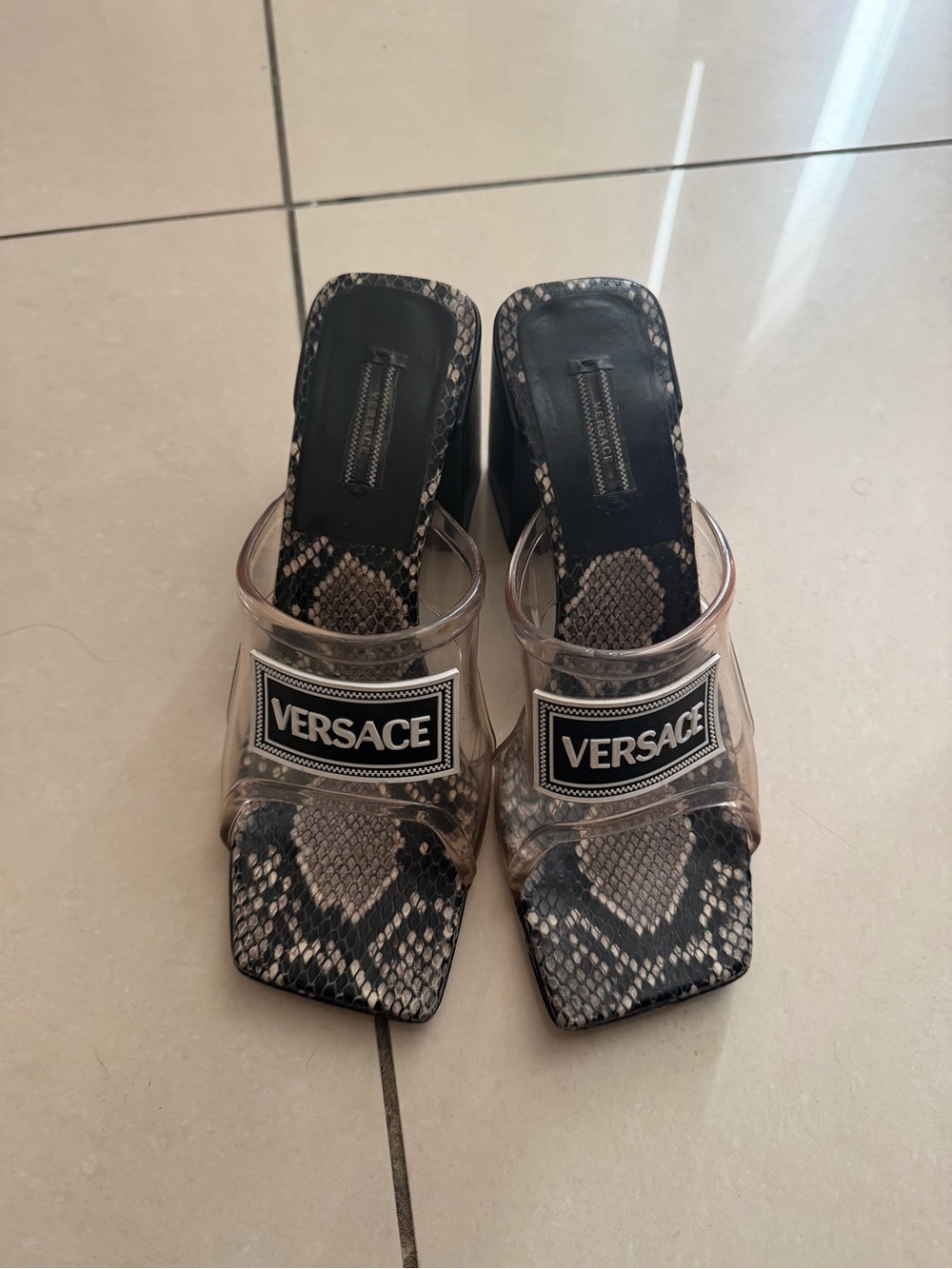 Versace Clear Strap Snake-Print Slide Heels - Black/Cream 38